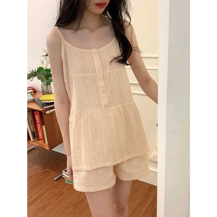 ◊♛◎stelan baju tidur wanita Xinbangbang Homedress summer solid color sexy sling pajamas thin section shorts pure cotton casual home clothes women #COD baju tidur wanita bahan kaos