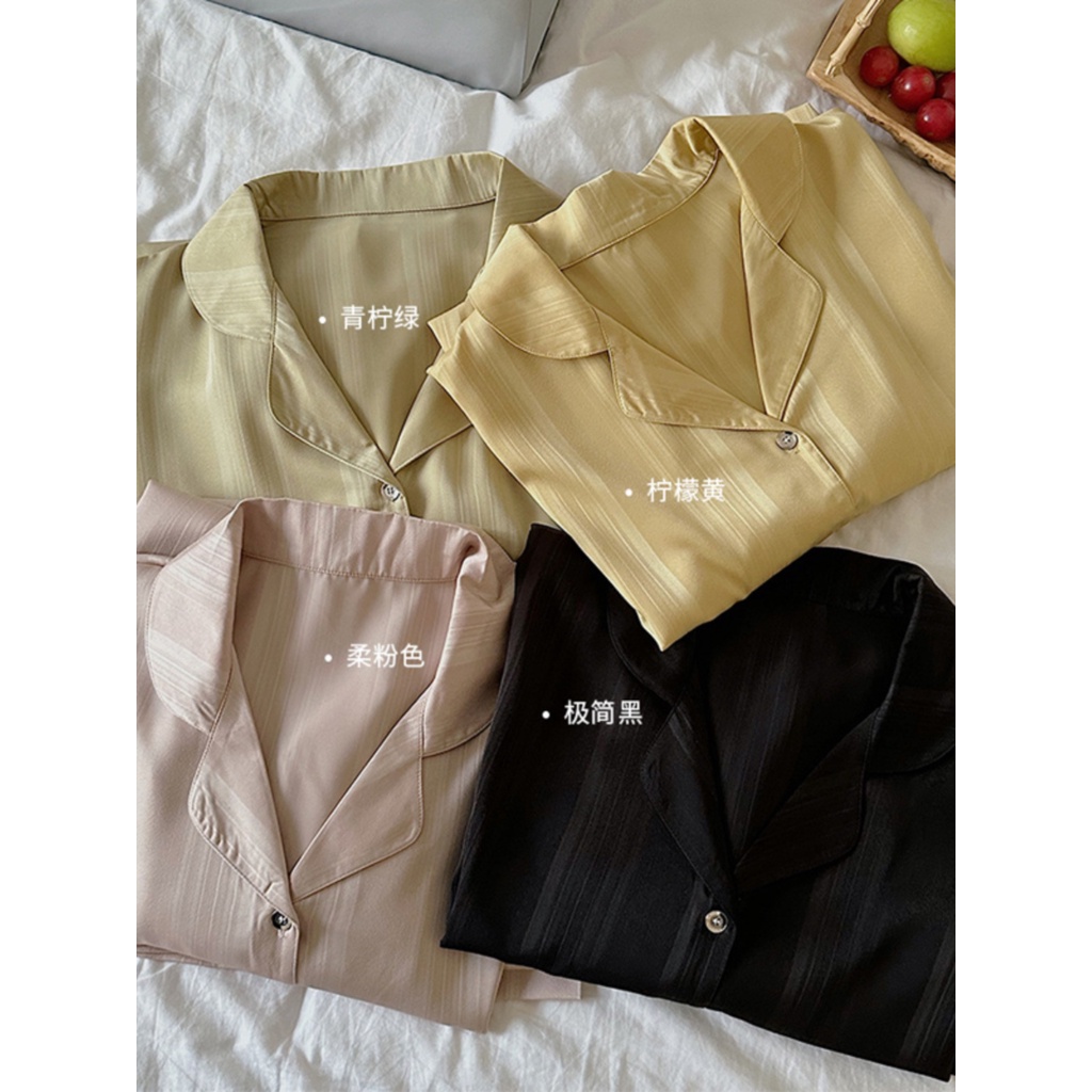 ☼✇stelan baju tidur wanita Korean striped pajamas women s summer in style ice silk high-quality solid color casual short-sleeved thin section home service suit #COD baju tidur wanita bahan kaos