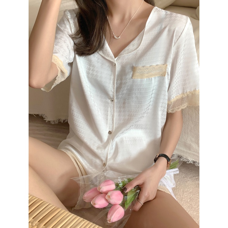 ☞ﺴstelan baju tidur wanita pajamas summer women s ins ice silk thin short-sleeved suit new black houndstooth high-quality lace home clothes #COD baju tidur wanita bahan kaos