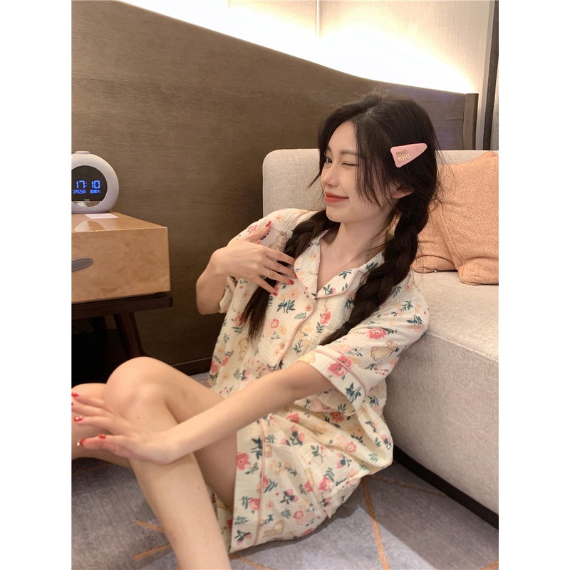 ❦∈stelan baju tidur wanita pajamas summer women s pure cotton yarn cute small fresh floral rabbit ins style student short-sleeved home service suit #COD baju tidur wanita bahan kaos