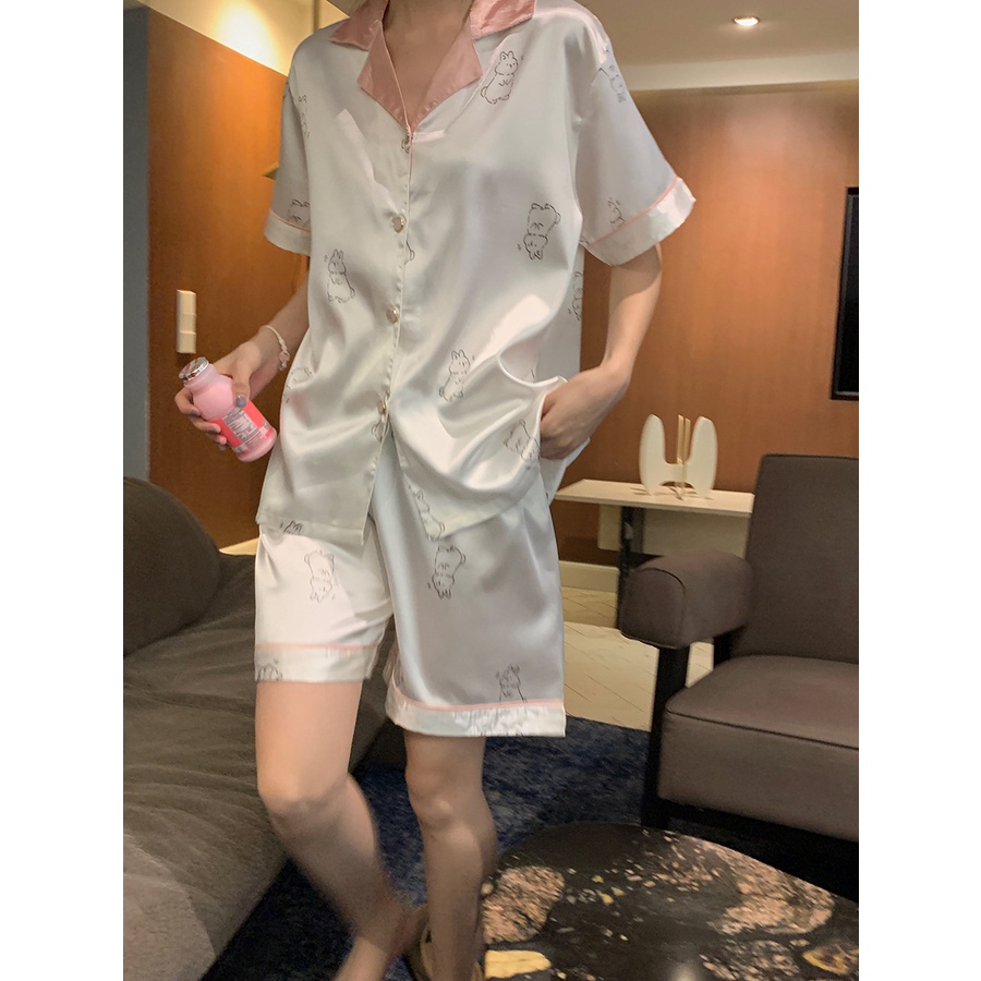 ∈stelan baju tidur wanita Xinbangbang Homedress summer cartoon satin comfort cool feeling pajamas set soft skin-friendly home service women #COD baju tidur wanita bahan kaos