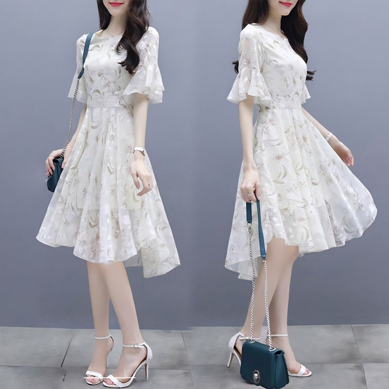 Dress Wanita Musim Panas2022Gaun Floral Sifon Ketat Pinggang Super Peri Kecil midi dress korea dress