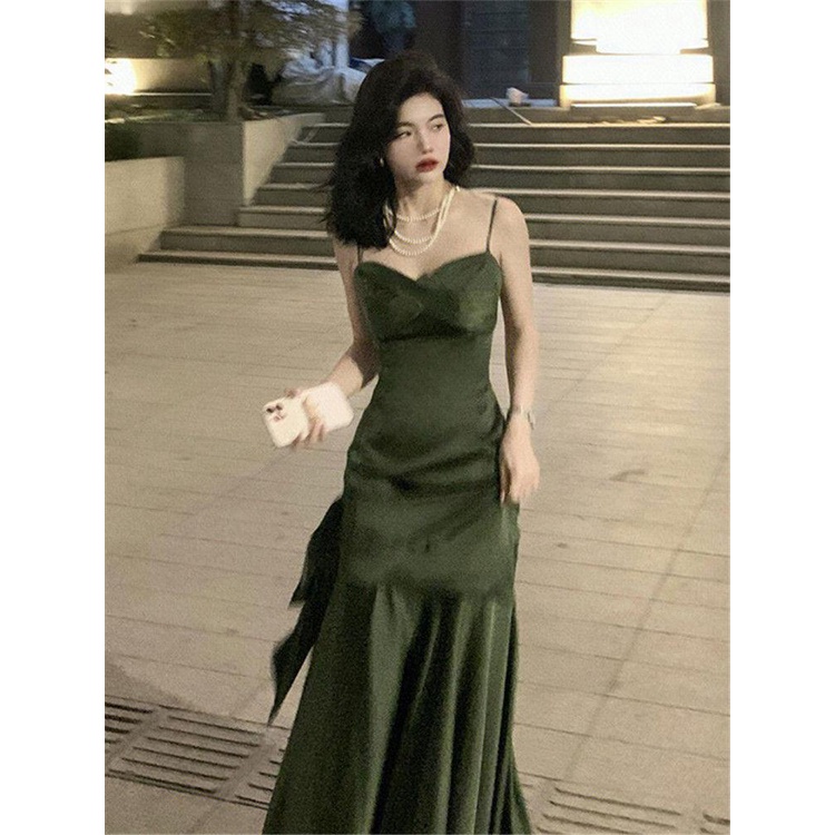 dress floral korea Dress Tali Rok Backless Wanita, Gaun Hijau Besar2023Dress Formal Elegan Ketat Pin