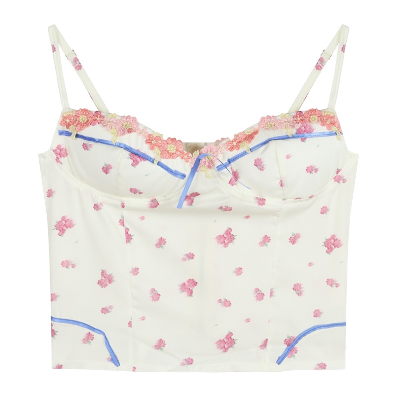 ✟✎Suhao Pure Desire Floral Camisole Wanita Musim Panas Sweet Spice Girls Backless Bow Simpul Pendek Sexy Inner Top Top Outer Wear Crop Top Sexy Tank Top Wanita Motif