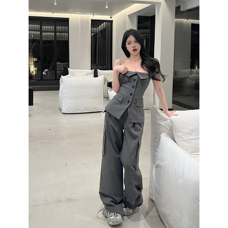 ▦ஐSuhao high-end temperamen tube top vest top wanita setelan musim panas celana panjang setelan celana kasual celana two-piece set crop top sexy tank top wanita motif