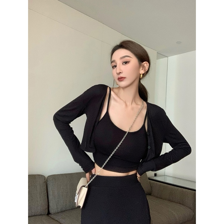 ۩❣✳Suhao Versi Korea Kardigan Rajutan Tabir Surya Tipis Wanita Musim Panas Pakaian Luar Hitam Kecil All-Match Pendek AC Jaket Crop Top Seksi Tank Top Wanita Motif