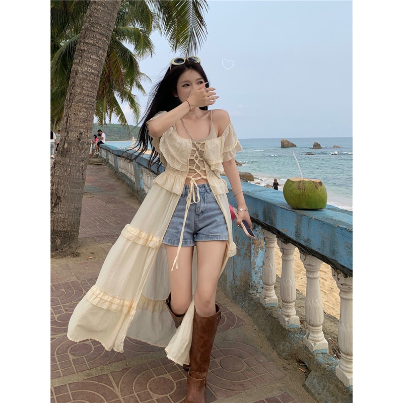 ▦dress summer beach French ruffles tie one-shoulder dress women s summer design sense ceruk temperamen rok panjang