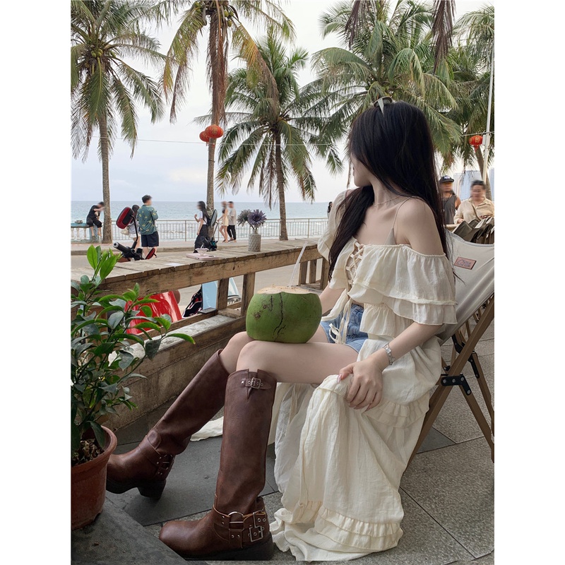 ▦dress summer beach French ruffles tie one-shoulder dress women s summer design sense ceruk temperamen rok panjang