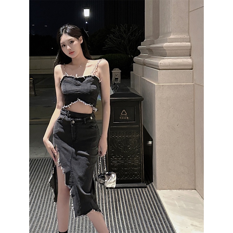 ❁Suhao hot girl sexy chain camisole top women s summer suit denim skirt slit skirt two-piece set crop top sexy tank top wanita motif