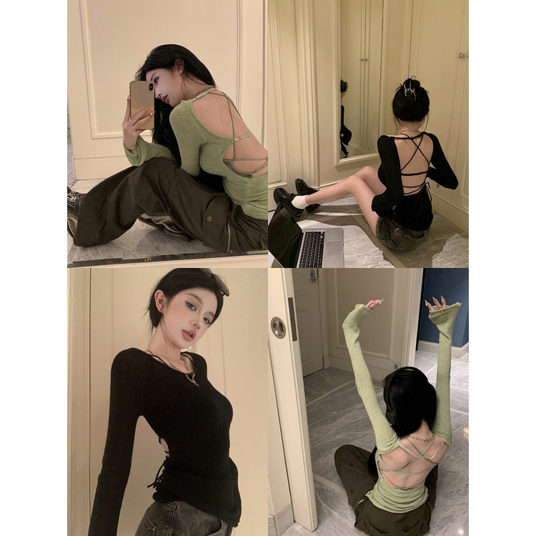 ❧✼Suhao hot girl buka kembali lengan panjang rajutan bottoming kemeja wanita musim semi pullover tali high-end chic berongga inner top crop top sexy tank top wanita motif