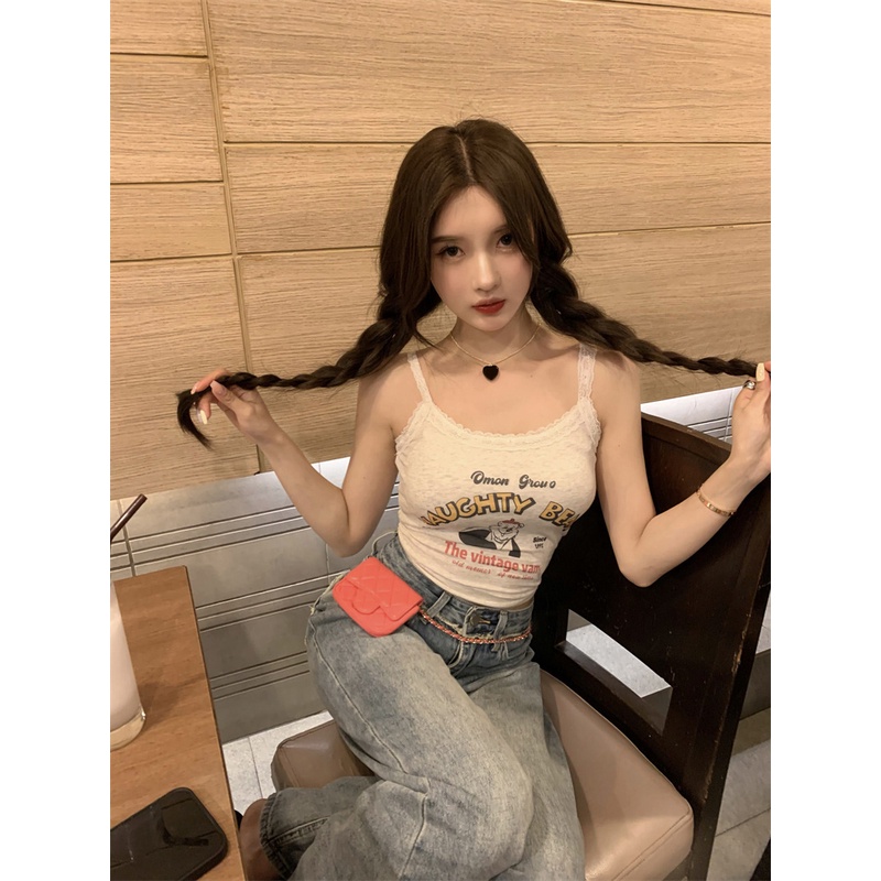 ✽Suhao manis keren hot gadis renda renda kamisol wanita musim panas batin cetak ketat slim fit pendek top pakaian luar crop top sexy tank top wanita motif