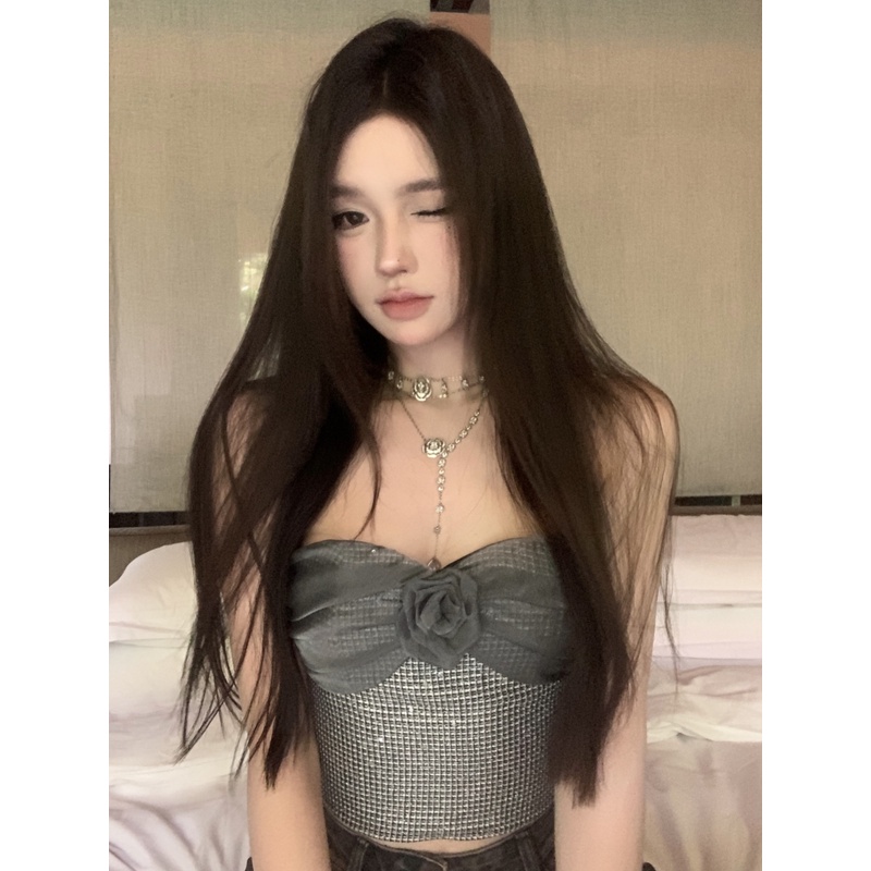 ♣❍❉Suhao Babes Industri Berat Payet Sparkling Tube Top Rompi Wanita Musim Panas Pendek Bunga dengan Bantalan Dada Bagian Atas Bungkus Dada Pakaian Luar Crop Top Sexy Tank Top Wanita Motif