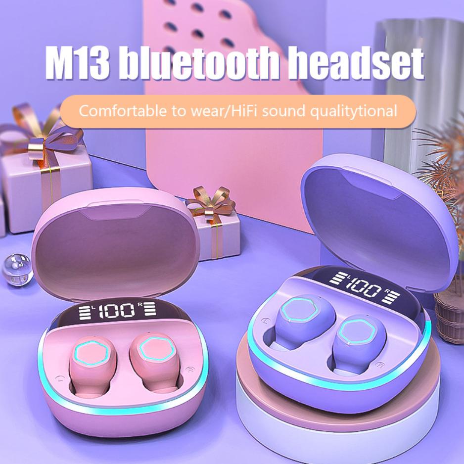 [KODE DRPU0] M13 Macaron Headset Bluetooth TWS with Mic Breathing Light Case Led Display Screen Hand