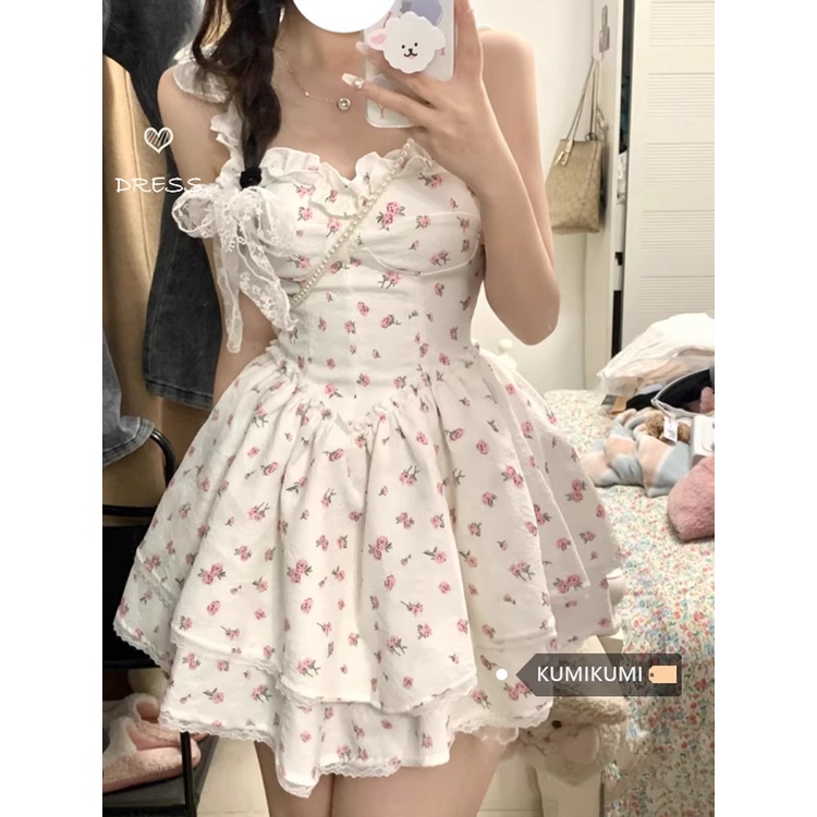 Red dreesPerancis temperamen suspender kecil gaun rok tutu musim panas wanita rok bunga ceruk rasa desain rok pendek