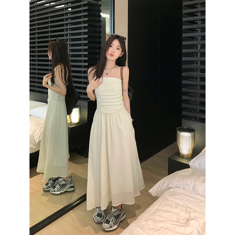 ▼gaun musim panas pantai manis dan setelan keren wanita rasa desain raw edge jaket denim pendek musim semi putih tube top dress rok panjang two-piece set