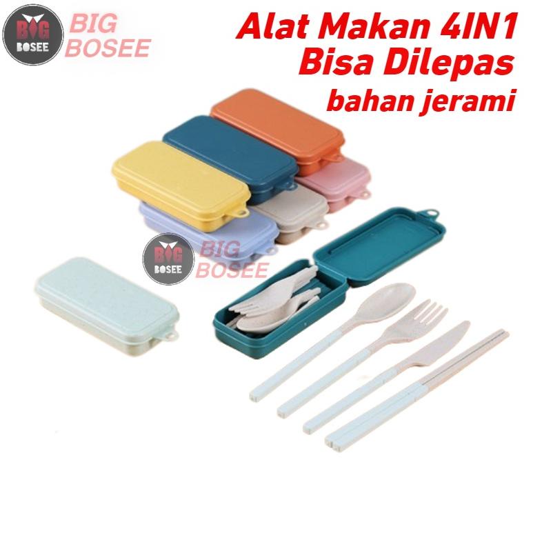 BB7 - ALAT MAKAN SET 4IN1 SENDOK GARPU PISAU SUMPIT BISA DILIPAT BAHAN JERAMI GANDUK