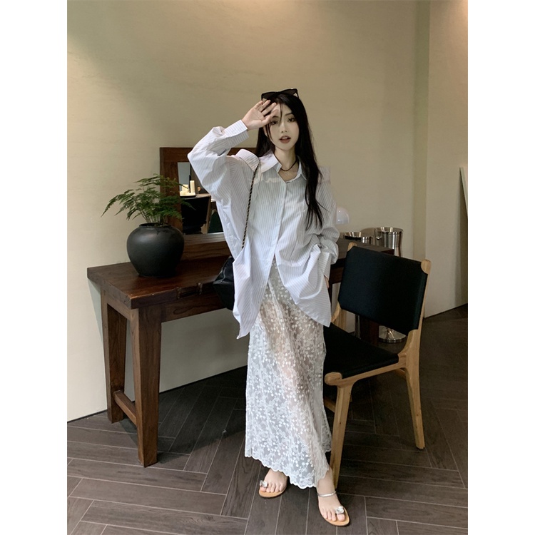 Red Fashion setelan kerah POLO bergaris tanpa tali lengan panjang kemeja wanita musim panas renda gaun dua potong set