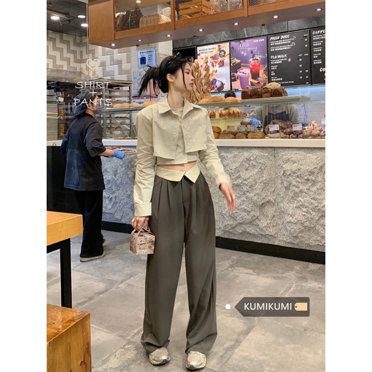 Red Temperamen retro tipis sesuai Polo kerah lengan panjang palsu dua potong kemeja musim semi wanita perapi celana kasual celana two-piece set