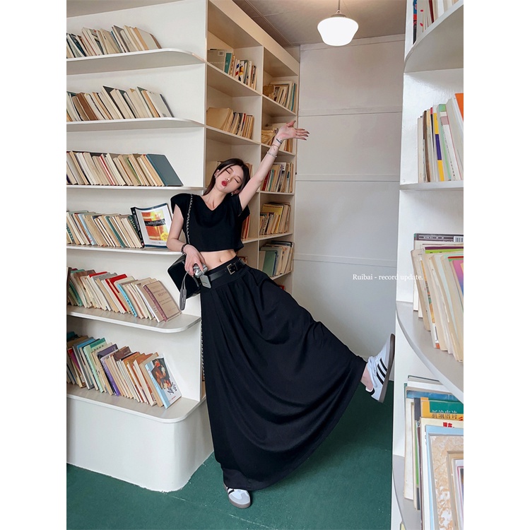 Red Temperamen setelan berkualitas tinggi hot girl pendek T-shirt top wanita musim panas rok pinggang tinggi rok panjang dua potong set