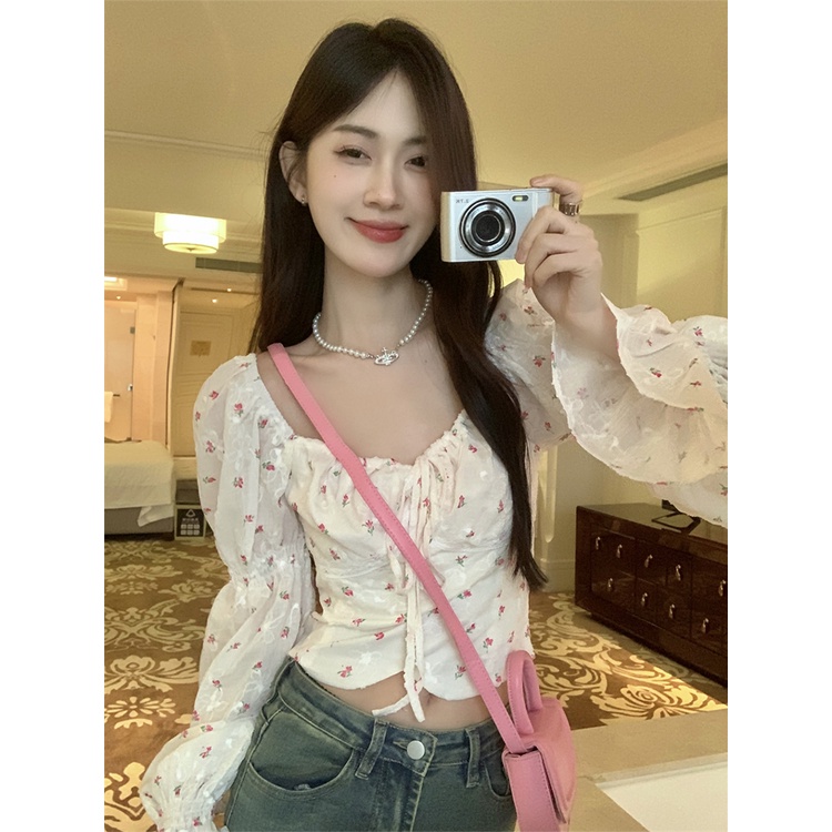 Red French sweet square collar shirt puff sleeve long-sleeve shirt women s summer design sense tie short small floral top