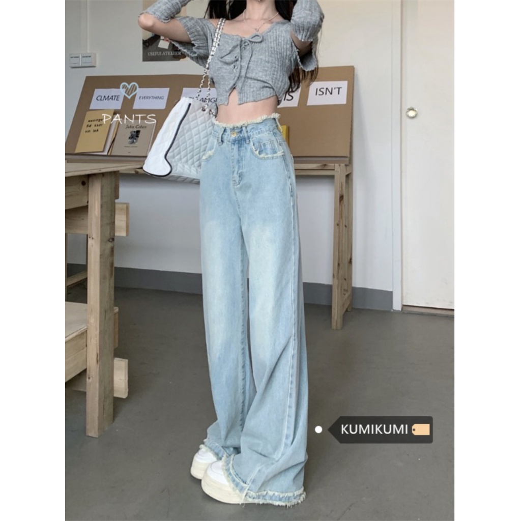 Red Pinggang Tinggi Longgar All-Match Raw-Edge Jeans Musim Panas Wanita Lurus Mengepel Celana Dicuci Biru Lebar kaki Celana Slim Celana