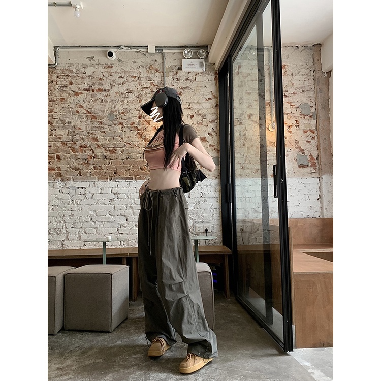 Red American retro hot gadis serut overall kasual lebar kaki celana wanita musim panas baru celana pinggang tinggi rasa desain celana