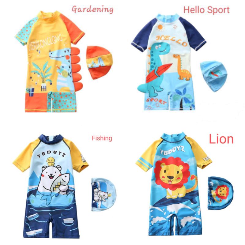 Baju renang Anak one pieces, baju renang bayi terusan plus topi,  swimwear kids