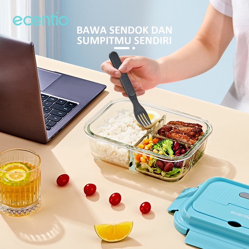 ecentio Kotak Makan set 3 Sekat kaca 1040ml tempat makan anak set Biru langi lunch box anti tumpah Free sendok set