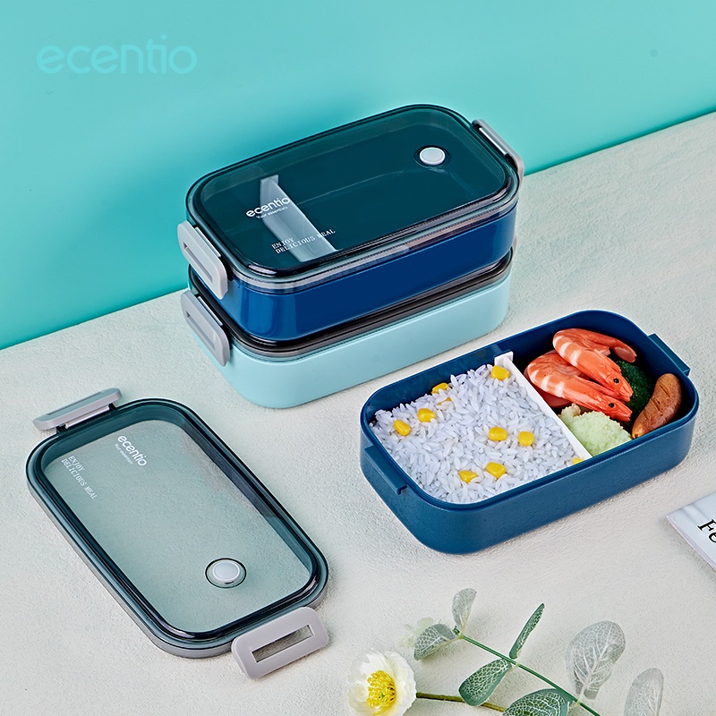 ecentio lunch box anti tumpah 2 gird 800ml/kotak makan 1 susun dark biru/kotak bekal microwavable/Tempat makan Tahan Panas microwavabl/Bento Box kapasitas besar/BPA free