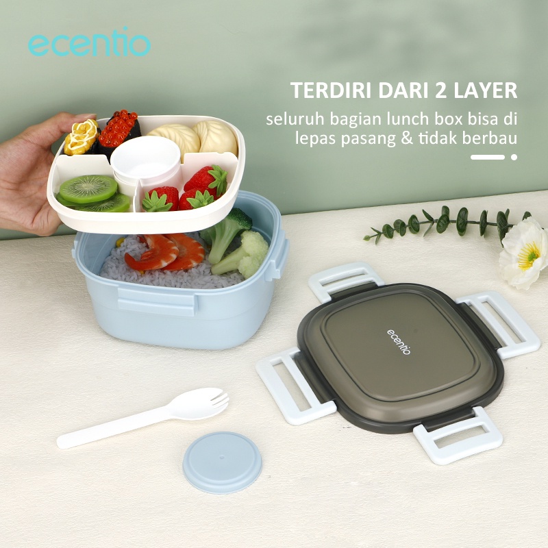 ecentio 1.6L tempat makan anak 2/3 susun anti tumpah icy block biru dan salad box/lunch box set double-layer 1600ml tempat bekal/Free sauce cap/Free sendok set