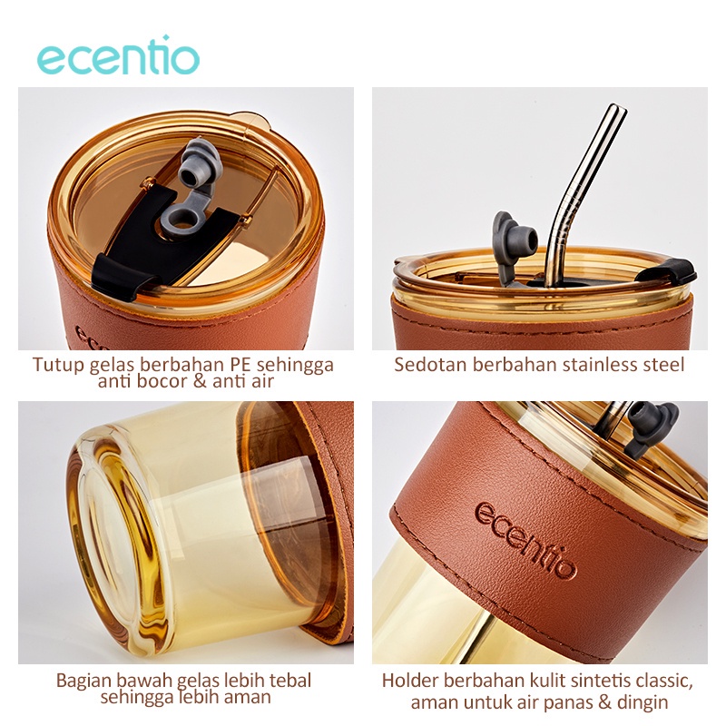 ecentio Gelas Minum Kaca kopi 400ml free pegangan gelasnya stainless Sedotan/Cangkir Kaca Anti Panas/free pipet kaca