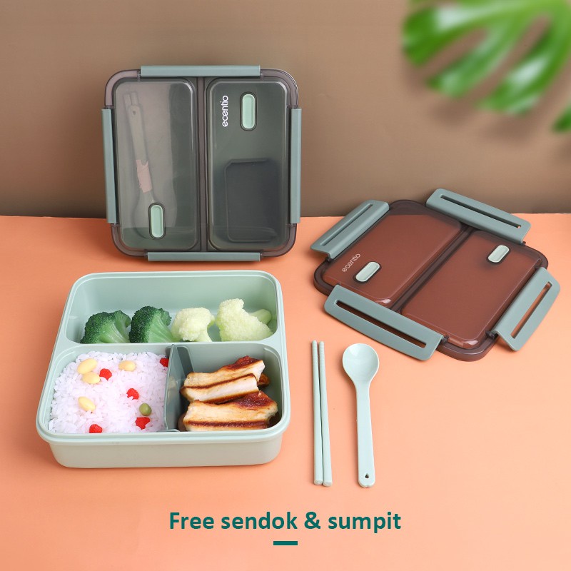 Ecentio 1100ml 3 grid lunch box anti bocor/ anti percikan kotak makan / free sendok&amp;sumpit /BPA FREE