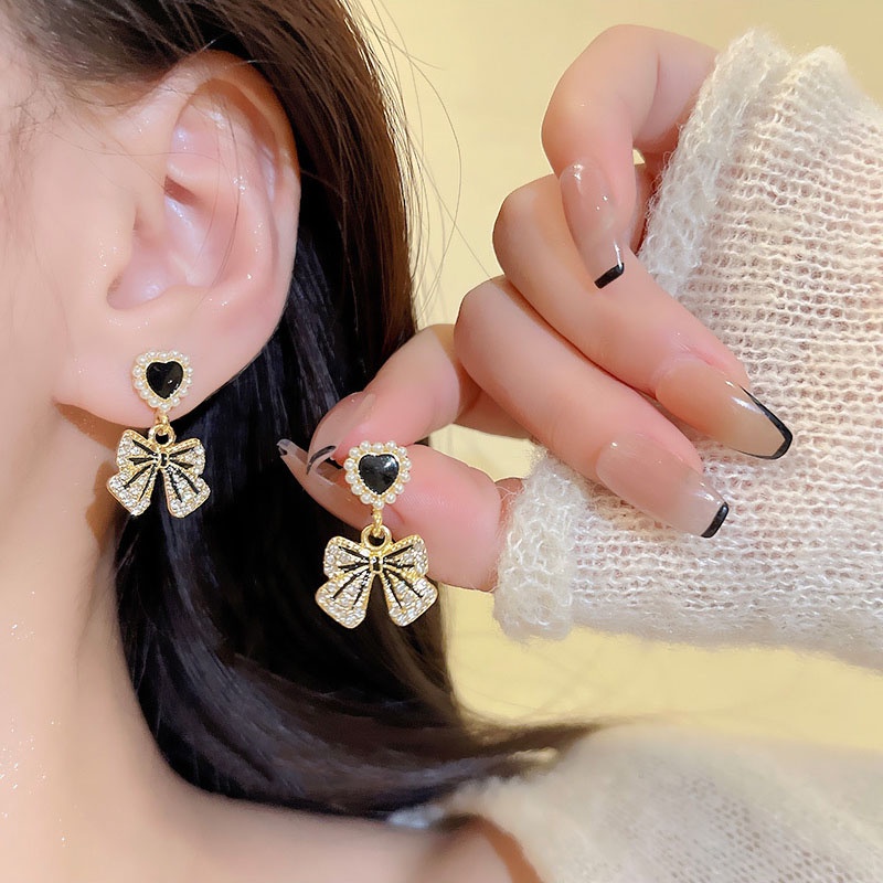 Fashion925 Perak Jarum Mewah Berlian Imitasi Busur Anting Wanita Anting Mutiara