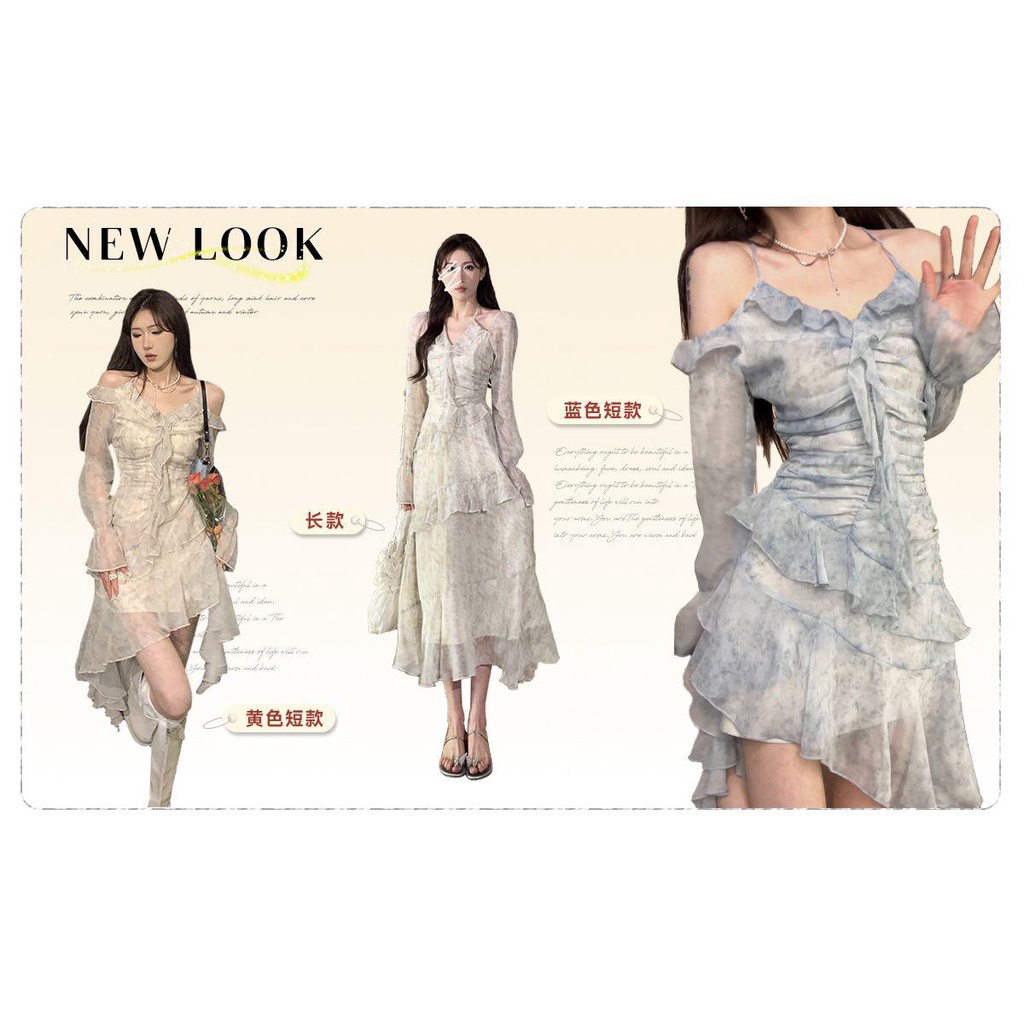 dress floral korea DREAM SEVEN77 Wanita Bunga Beropol Gaun2023Rok Tidak Rata Off-Shoulder Warna Musi