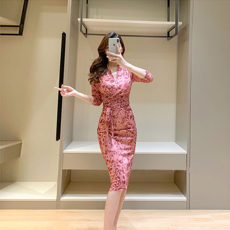 Gaun Merah Muda2023Dress Midi Ketat, Gaun Jala Lengan Panjang Slim-Fit Musim Semi