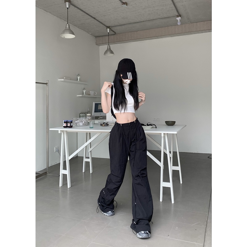 ❉﹊celana wanita import American street overall wanita musim panas serut lipit celana kasual pinggang tinggi hot girl celana lebar kaki mengepel celana celana wanita celana highwaist