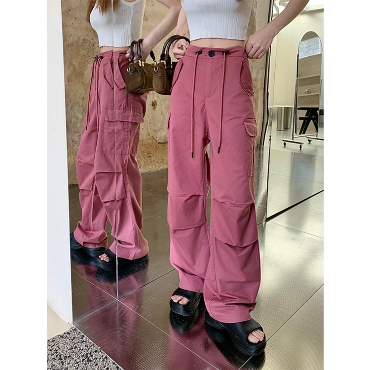 ♘✠celana wanita import pink Amerika overall wanita musim panas tinggi pinggang kasual celana lurus slim celana serut lebar kaki mengepel celana celana wanita celana highwaist