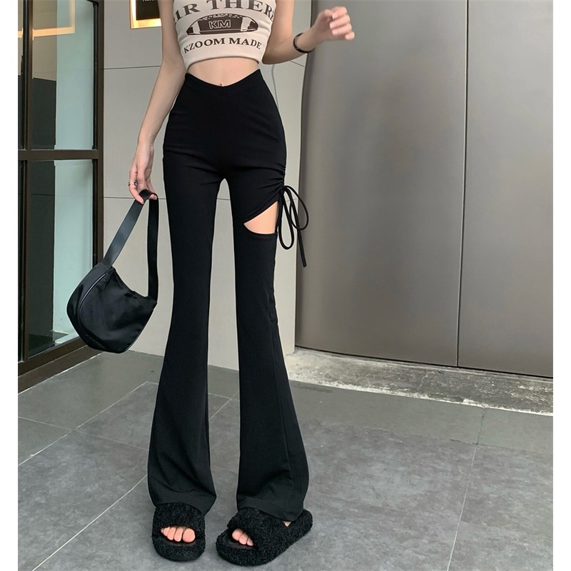 ❖✔♙celana wanita harga murah tali serut hitam berongga kasual celana wanita musim panas pinggang tinggi kecil rasa desain kecil kaki celana berkobar celana celana celana wanita celana pinggang tinggi