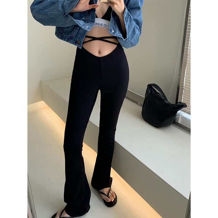 □►✺celana wanita import bootcut celana wanita hitam tali drape lebar kaki celana 2023 musim panas baru pinggang tinggi slim pel celana wanita celana highwaist