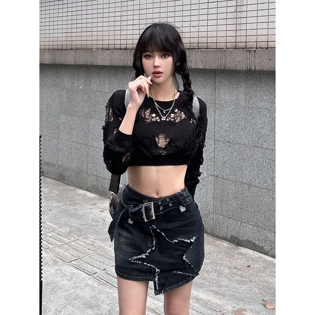 [✅BISA COD] #Sisjuly# Celana pendek denim Y2K wanita / bintang retro bersulam rok denim wanita / pak