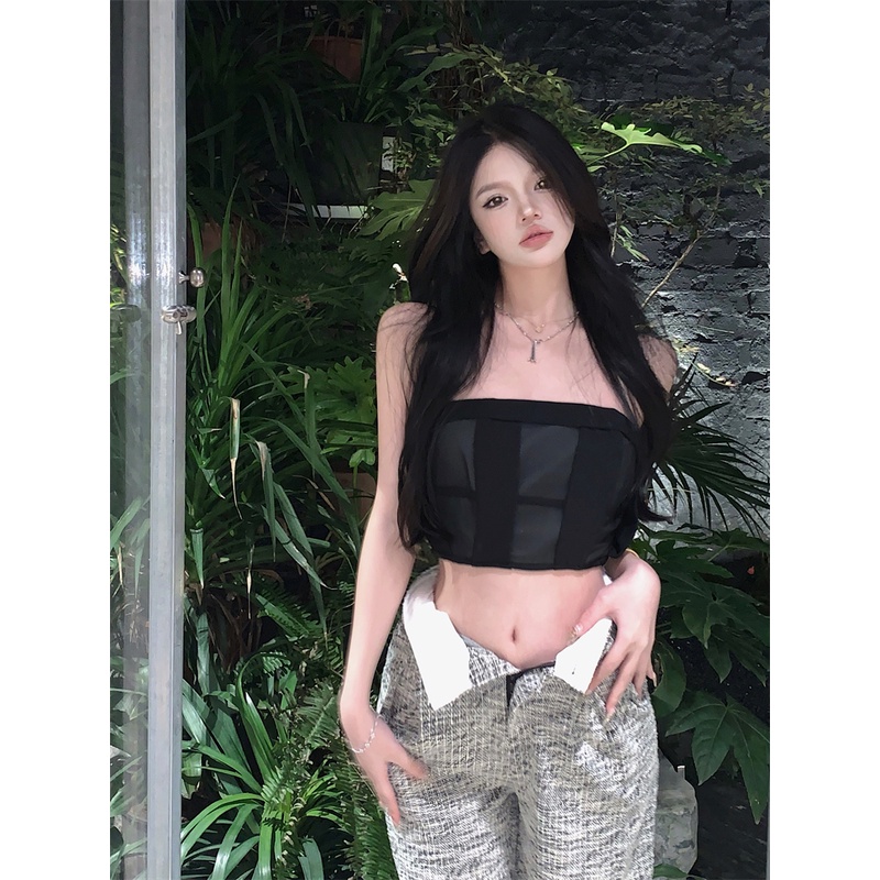 ✐▣celana wanita import black mesh tube top small vest women s summer strapless anti-light hot girl sexy inner and outer wear bottoming top pants wanita celana highwaist