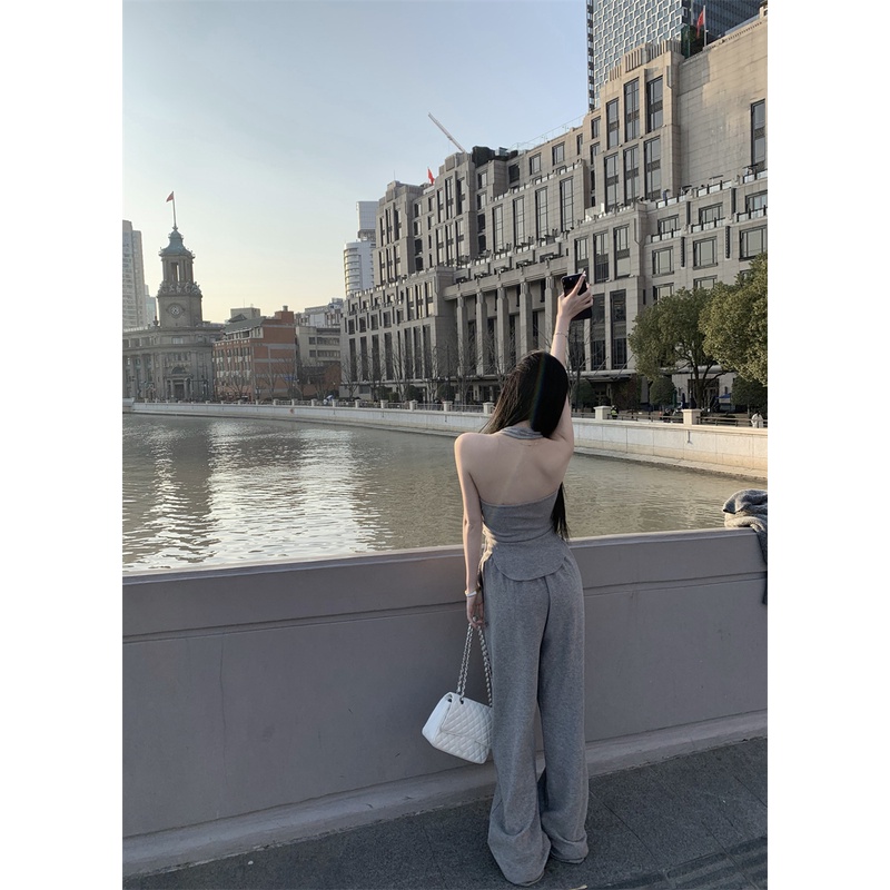 ✟celana wanita import grey beautiful back halter neck camisole women s clothing summer 2023 new open back sexy slim slim tops outer wear pants wanita celana highwaist