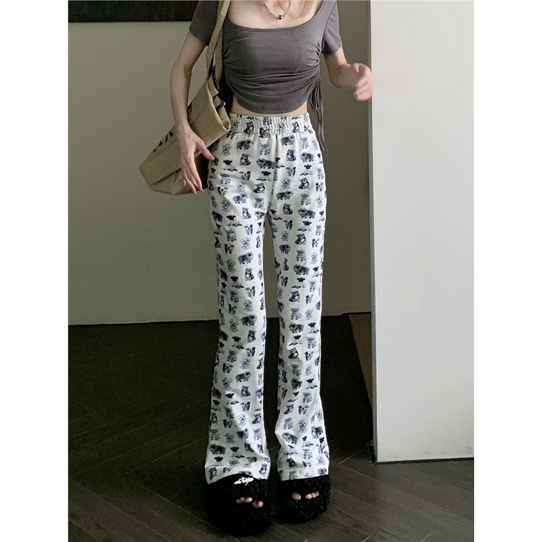 ☃┋celana wanita import puppy print casual pants wanita versi korea musim panas slim fit high waist all-match small flared pants celana panjang celana wanita celana highwaist