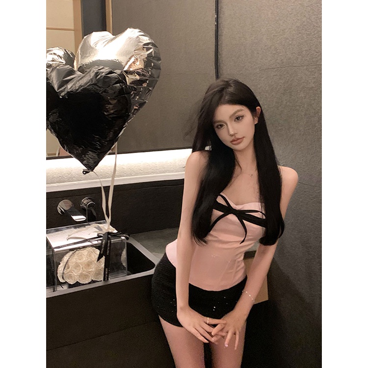 ●☞✁celana wanita import pink satin bow fishbone tube top wanita musim panas murni keinginan pakaian luar ketat short sleeveless chest wrap vest pants wanita celana highwaist