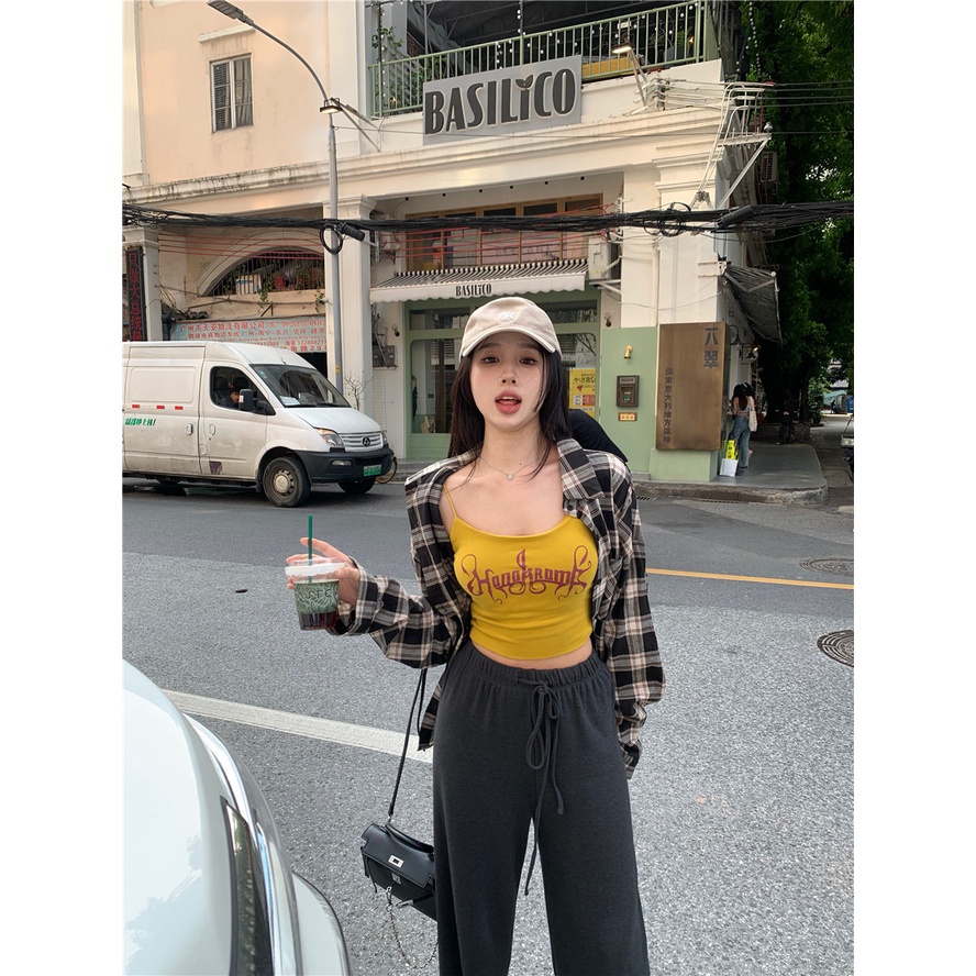 ∋celana wanita impor dicetak vest with chest pad small suspenders for women in summer wear yellow slim fit short short sweet hot girl top pants wanita celana highwaist