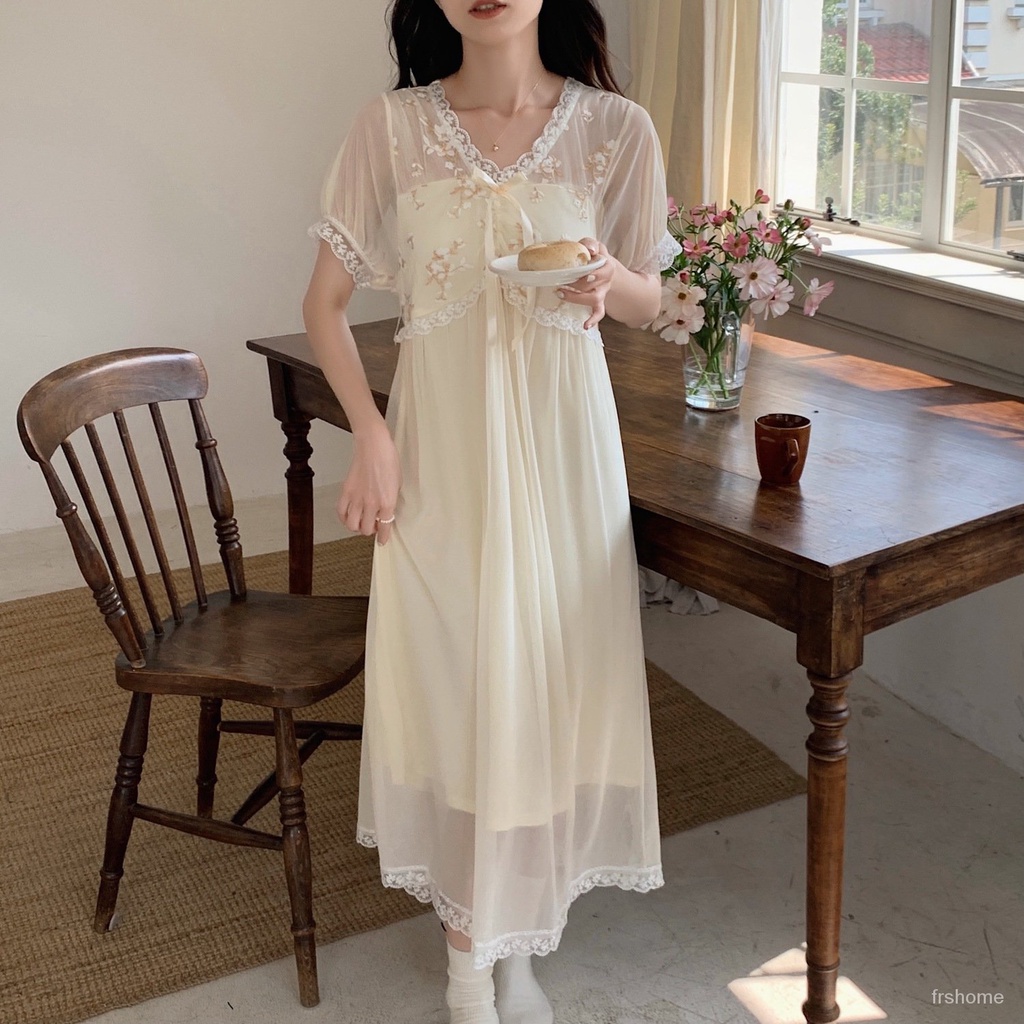 Gaun tidur wanita renda renda renda gaya pengadilan V-neck mesh rok panjang tengah bagian tipis piya