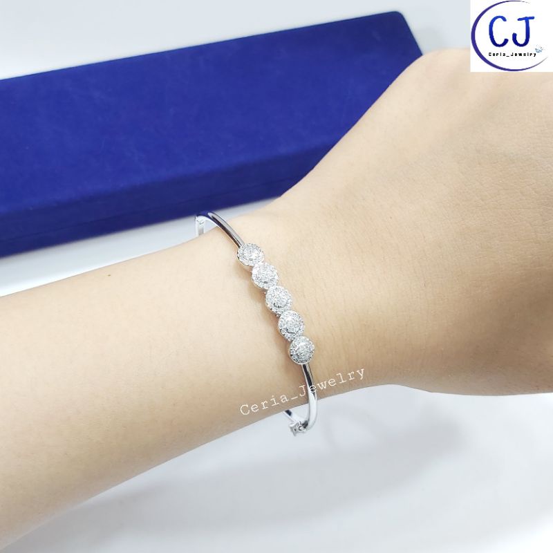 Gelang Tangan Wanita Perak Asli Silver 925 Lapis Emas Putih Model Bangle Bulat Variasi Permata Bulat bulat Full - Perhiasan Perak Asli