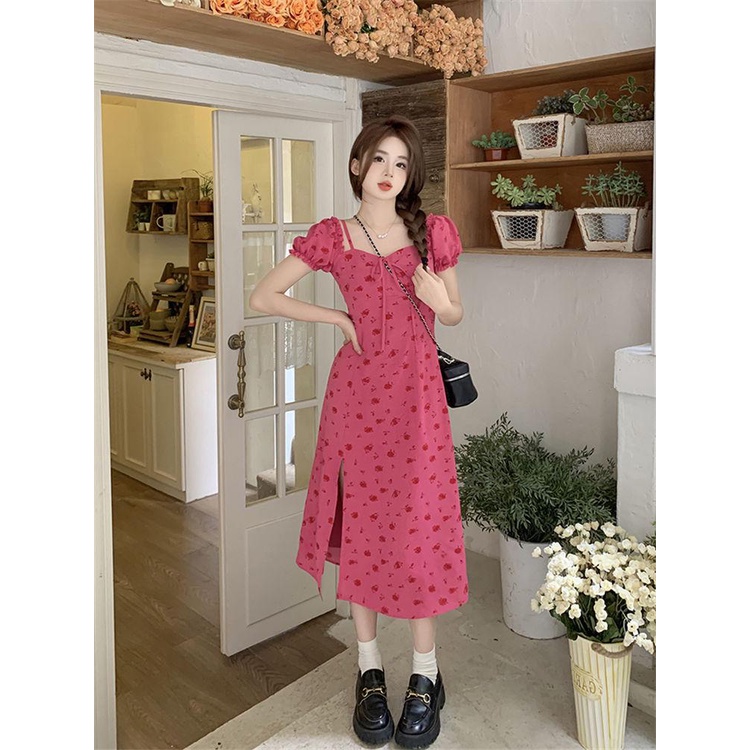 dress floral korea Gaun Bunga Bahu Terbuka Kerah Persegi Ukuran Plus GemukmmRok Panjang dan Pendek B