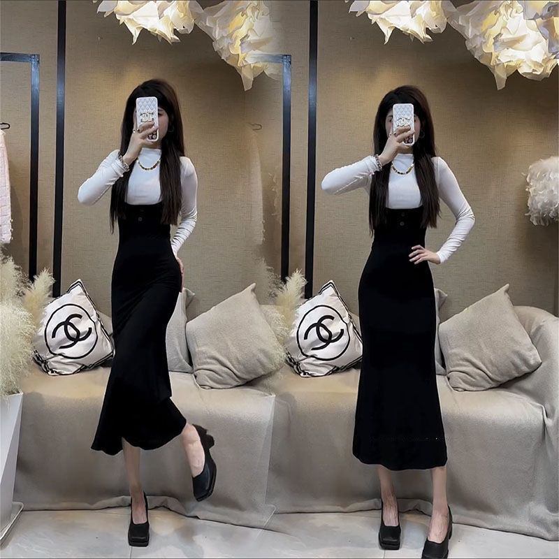 dress floral korea Setelan Kemeja Dalaman Turtleneck Setengah Pas Badan Prancis2022Set Pakaian Dua P