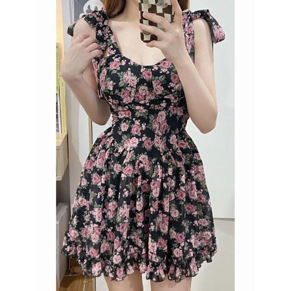 dress floral korea Setelan Kardigan Pelindung Matahari Musim Panas, Setelan Gaun Tali Motif Bunga Ma